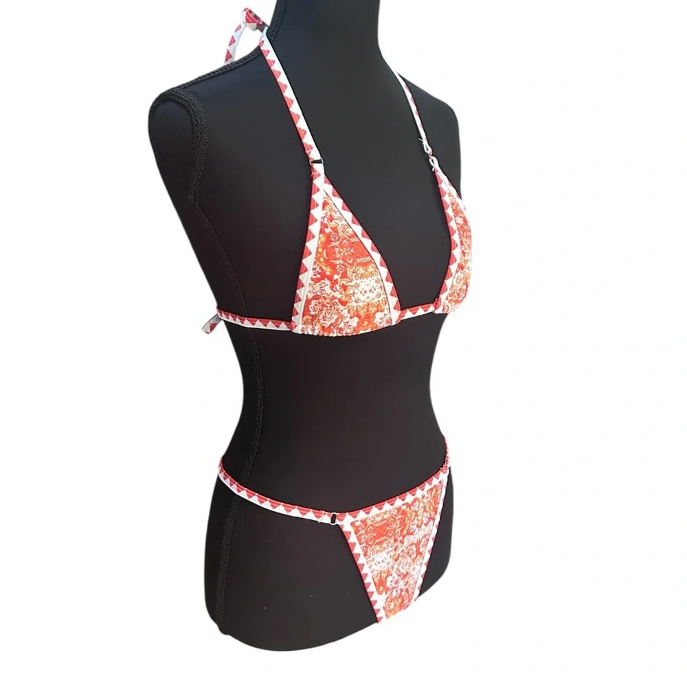 String Bikini Orange White Thong Size M in EUC
